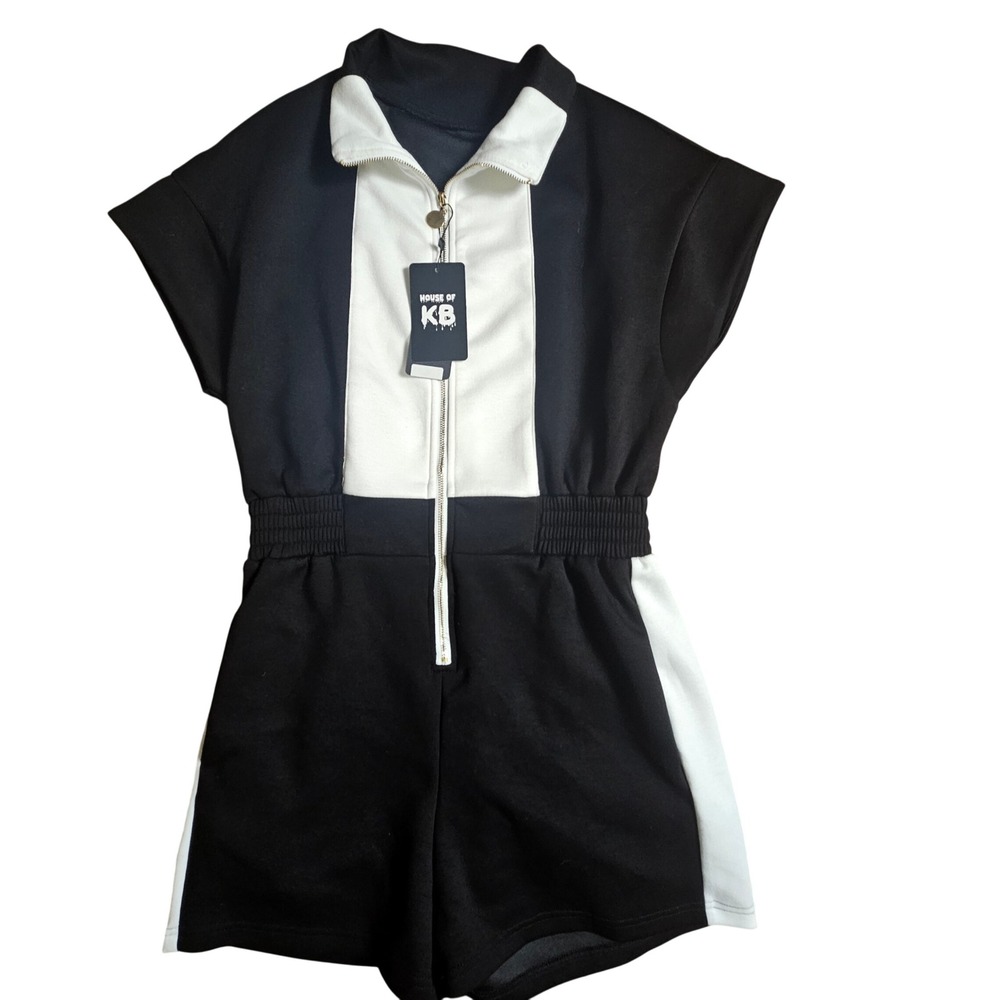 House of KB Colorblock Zip Front‎ Smocked Waist Romper S Closet Staple NWT